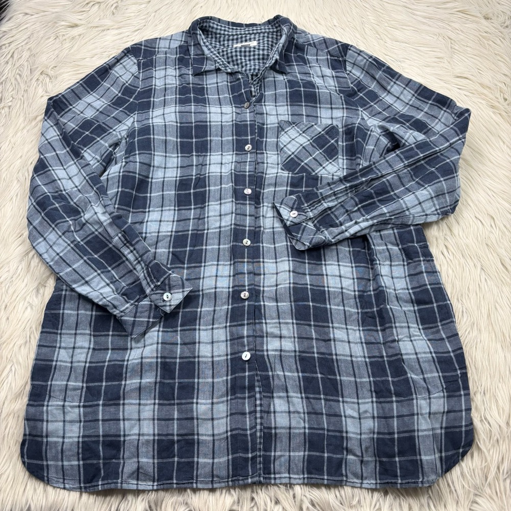 J. Jill Women's L Blue Plaid Woven Button Front Tunic Shirt Cotton Pockets